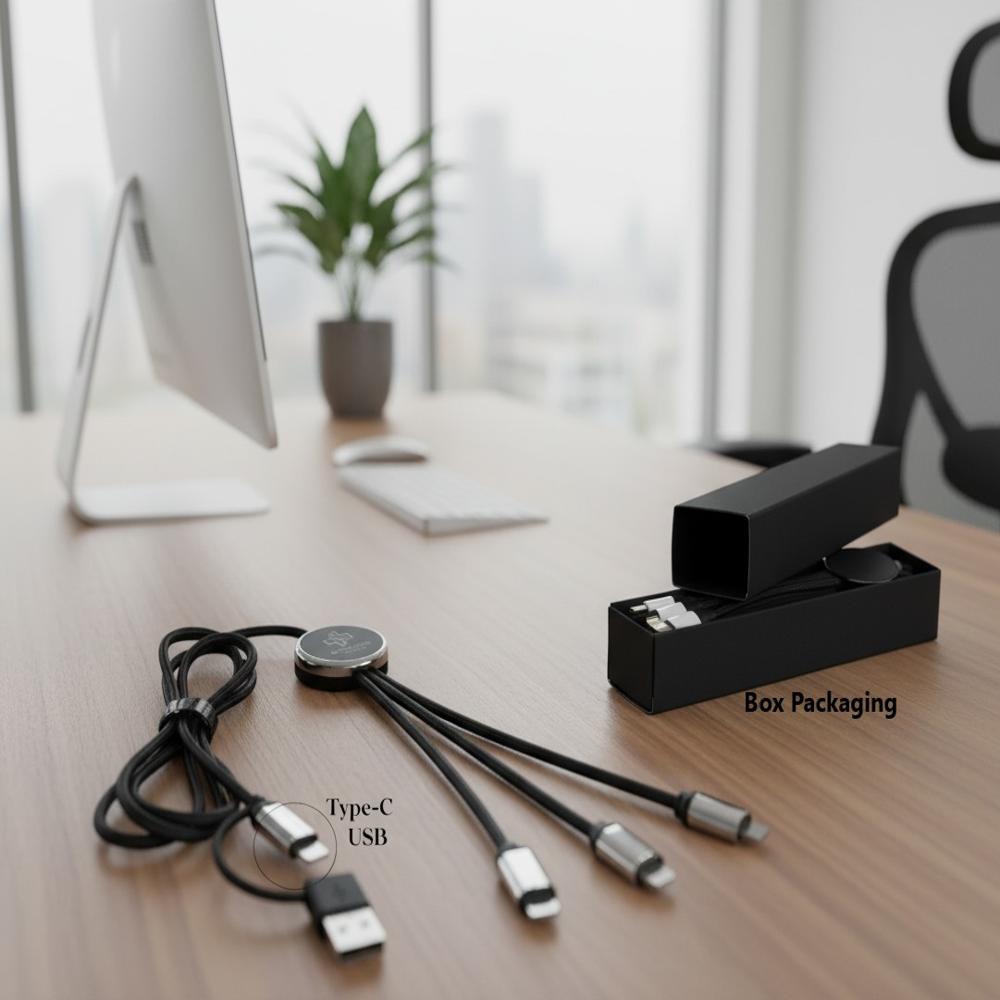 Premium 3-in-1 Led Multi-charging Cable With Long Braided Wire And Metal Connectors - Color: Black
