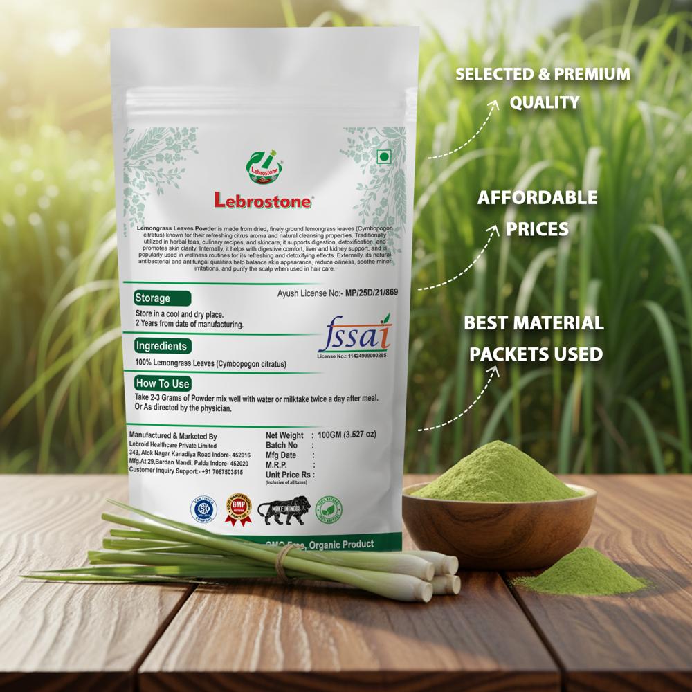 Lebrostone Lemongrass Leaves Powder  Supports Digestion, Immunity & Relief from Cough, Cold, Fever(100g)