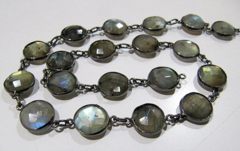 Natural Labradorite Coin Round Shape Briolette faceted Bezel Connector Chain 11mm Gold/Silver/ Black Rose Gold Plated Sold Per Foot
