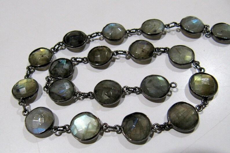 Natural Labradorite Coin Round Shape Briolette faceted Bezel Connector Chain 11mm Gold/Silver/ Black Rose Gold Plated Sold Per Foot
