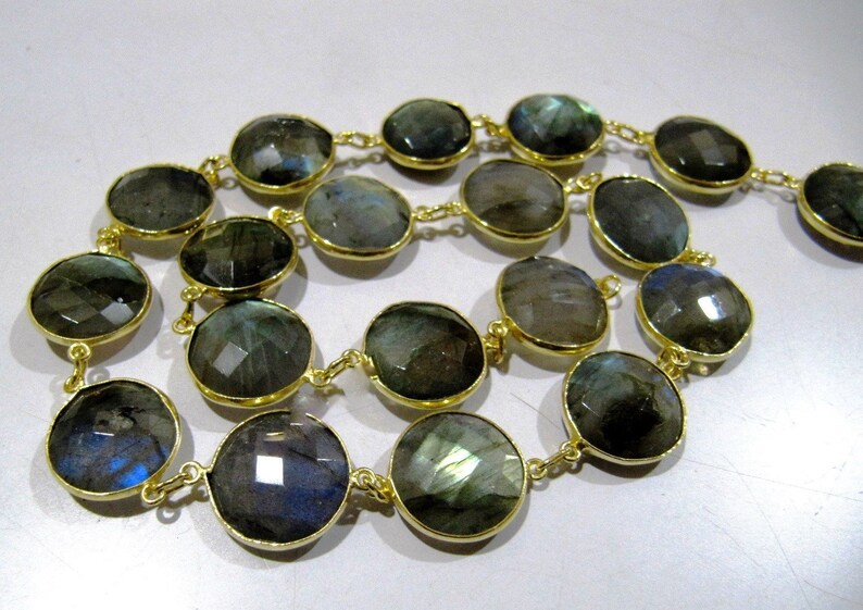 Natural Labradorite Coin Round Shape Briolette faceted Bezel Connector Chain 11mm Gold/Silver/ Black Rose Gold Plated Sold Per Foot