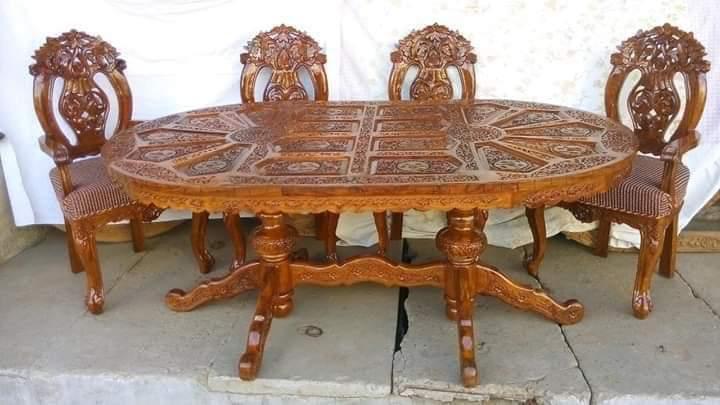 Designer Wood Carving Dining Table Set - Color: Walnut Brown With Gold Highlights