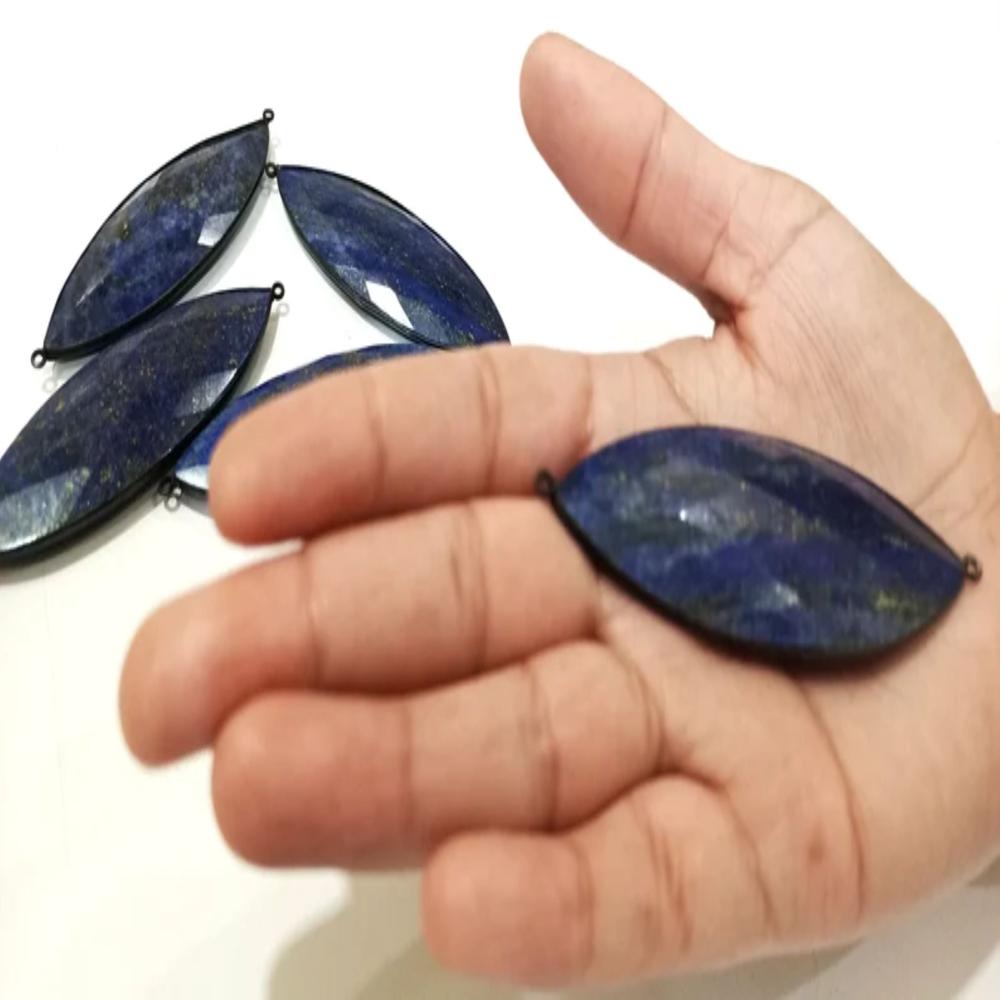 Natural Gemstone Lapis Lazuli Marquise Shape 3 Inches Long Black Oxidized Bezel Connector Pendant