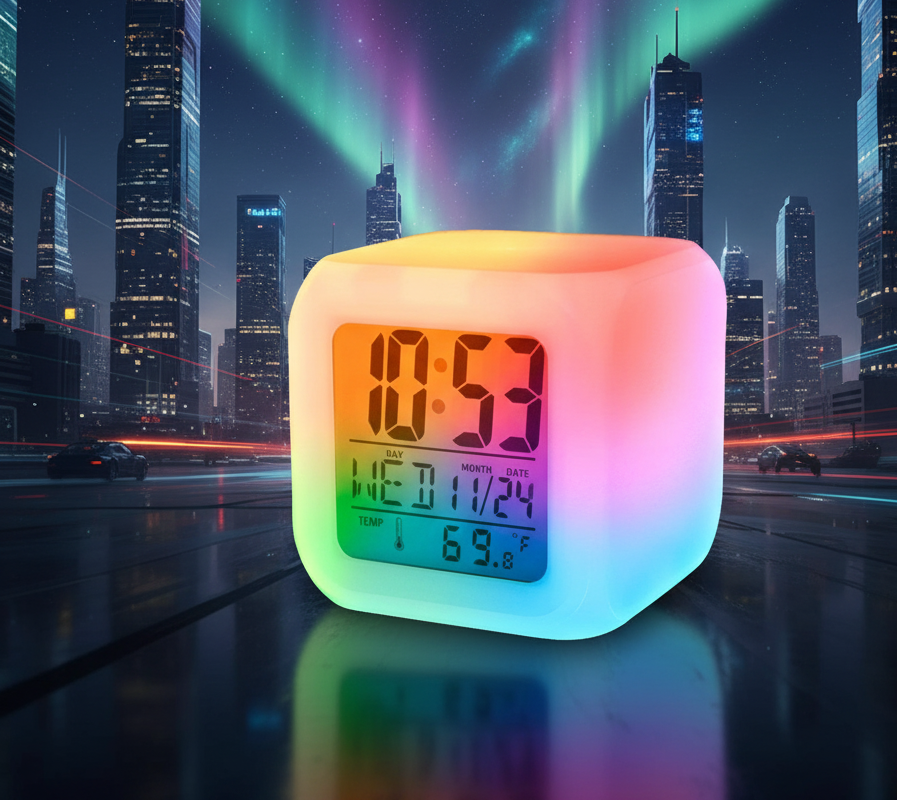Smart 7 Colour Changing Led Digital Alarm Clock With Temperature & Calendar Display (ss-601) - Dimension (l*w*h): 8 X 8 X 8  Centimeter (cm)