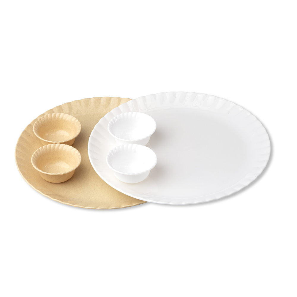 13 Inch Plastic Bonchina Dish Set - Food-Grade Plastic, 13 Inch, White with Blue and Pink Floral Accents | Dishwasher Safe, High Break Resistance, Stackable Design