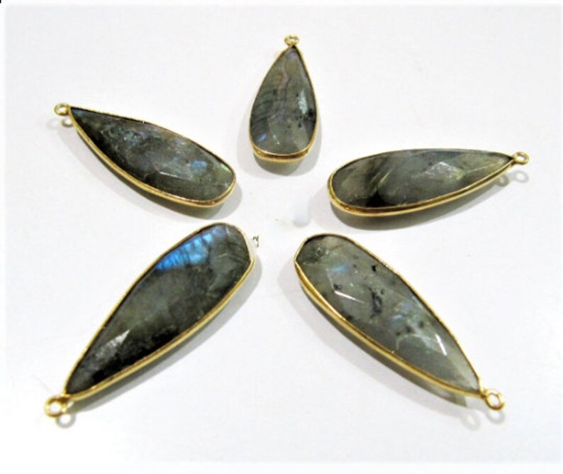 Natural Labradorite Long Pear Shape 10x28 to 12x30mm Briolette Connectors Gray Stone single Loop Bezel Charms sold per piece