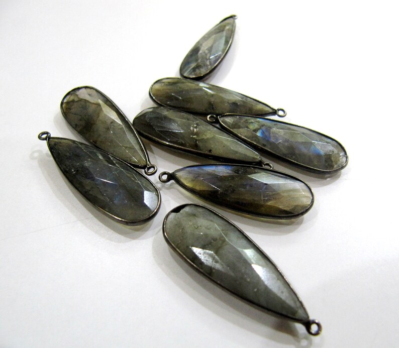 Natural Labradorite Long Pear Shape 10x28 to 12x30mm Briolette Connectors Gray Stone single Loop Bezel Charms sold per piece