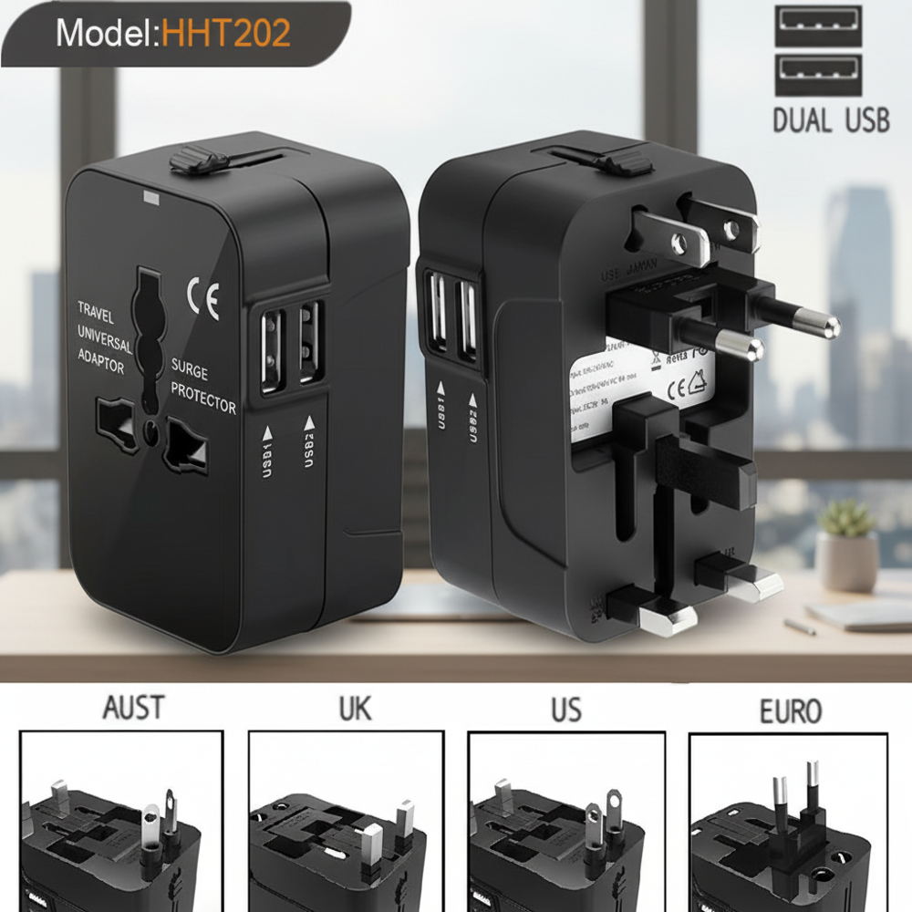 Universal International Travel Adapter With Dual Usb Ports & Surge Protector - Color: Black
