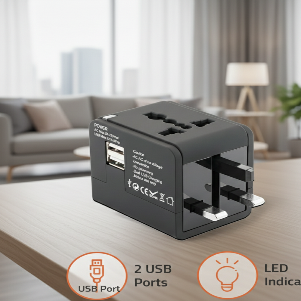 "Universal World Travel Plug Adapter With 2.1A Dual Usb Charging Ports And Led Indicator" - Color: Black