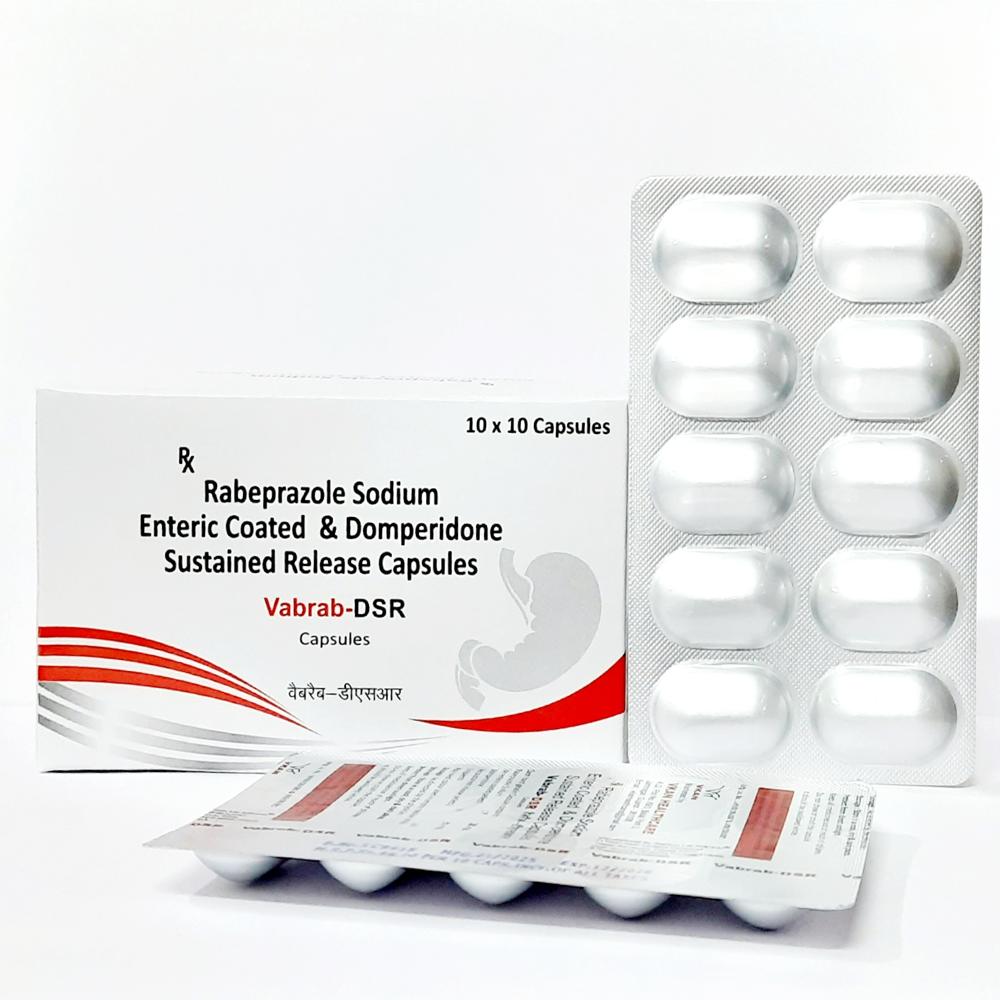 Vabrab - Dsr - Ingredients: Rabeprazole 20 Mg + Domperidone (Sr) 30 Mg Capsules Is A Combination Medicine Used For Effective Management Of Acid-related Gastrointestinal Disorders.
Composition:
Rabeprazole 20 Mg
Domperidone (Sustained Release) 30 Mg
Uses:
Gastroesophageal Reflux Disease (Gerd)
Acidity And Heartburn
Acid Reflux With Nausea Or Vomiting
Gastritis
Indigestion And Bloating
How It Works:
Rabeprazole Reduces Excess Stomach Acid Production By Blocking The Proton Pump.
Domperidone (Sr) Improves Stomach Motility And Prevents Nausea By Enhancing Gastric Emptying.
Benefits:
Provides Long-lasting Relief From Acidity
Reduces Bloating And Stomach Discomfort
Controls Nausea And Reflux Symptoms
Improves Digestion And Gut Motility
Dosage Advice:
Usually Taken Once Daily Before Meals (Preferably Before Breakfast)
Use As Directed By The Physician
