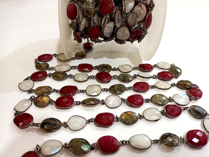 Natural Multi Gemstone Ruby Labradorite Rainbow Moonstone Briolette 12 To 16mm Bezel Connector Chain Sold Per Foot - Color: Gray