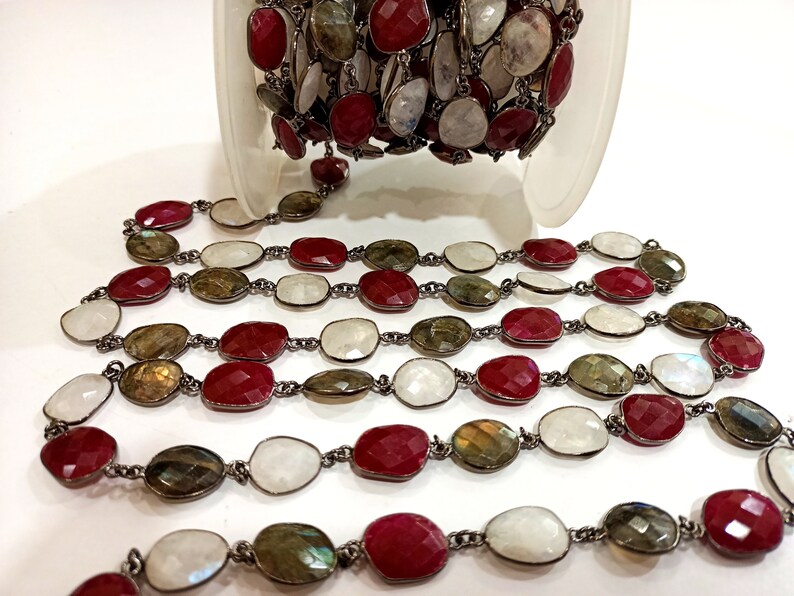 Natural Multi Gemstone Ruby Labradorite Rainbow Moonstone Briolette 12 to 16mm Bezel Connector Chain Sold per foot 