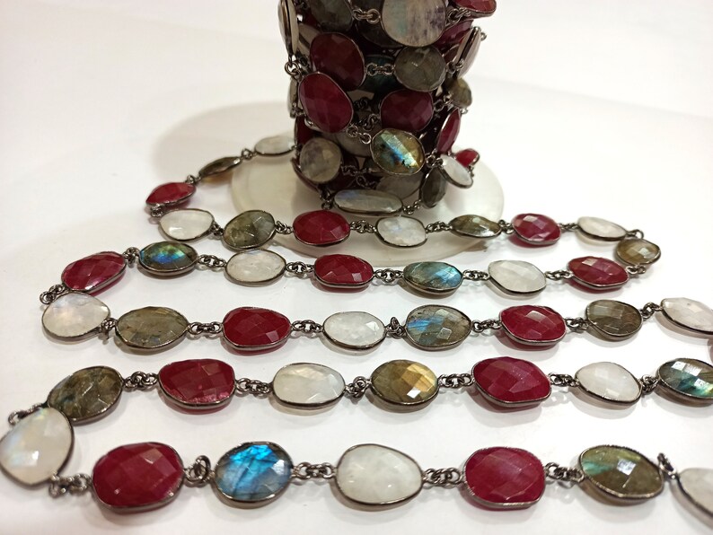 Natural Multi Gemstone Ruby Labradorite Rainbow Moonstone Briolette 12 to 16mm Bezel Connector Chain Sold per foot 