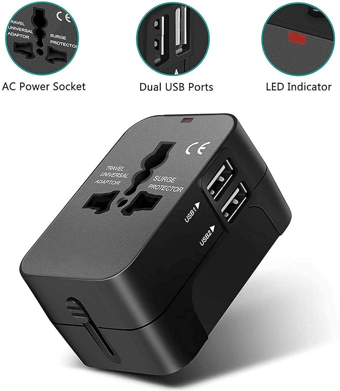 Universal All-in-One World Travel Adapter Plug with Dual USB Charging Ports and Surge Protection