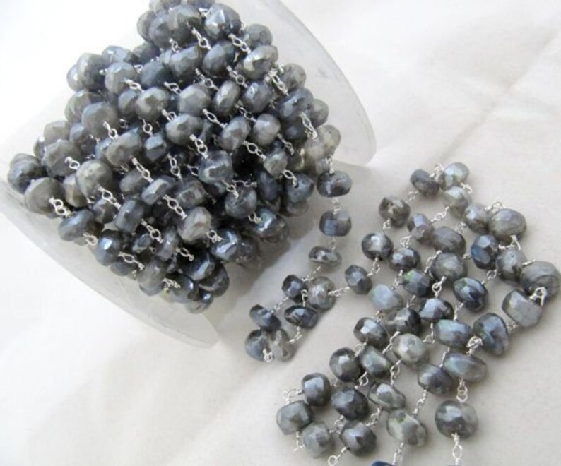 Natural Labradorite Mystic Coated Faceted Rondelle Beads Chain Wire Wrapped 5mm Rosary Chain- Wholesale Price sold per foot