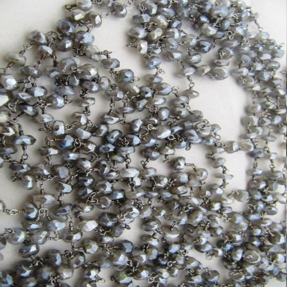 Natural Labradorite Mystic Coated Faceted Rondelle Beads Chain Wire Wrapped 5mm Rosary Chain- Wholesale Price sold per foot