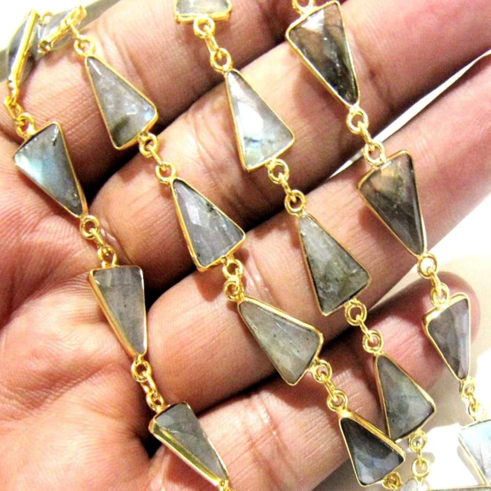 Natural Labradorite Trillion Triangle Shape Briolette Bezel Connector Chain 9x13mm Gold Plated Sold Per Foot Handmade Chain