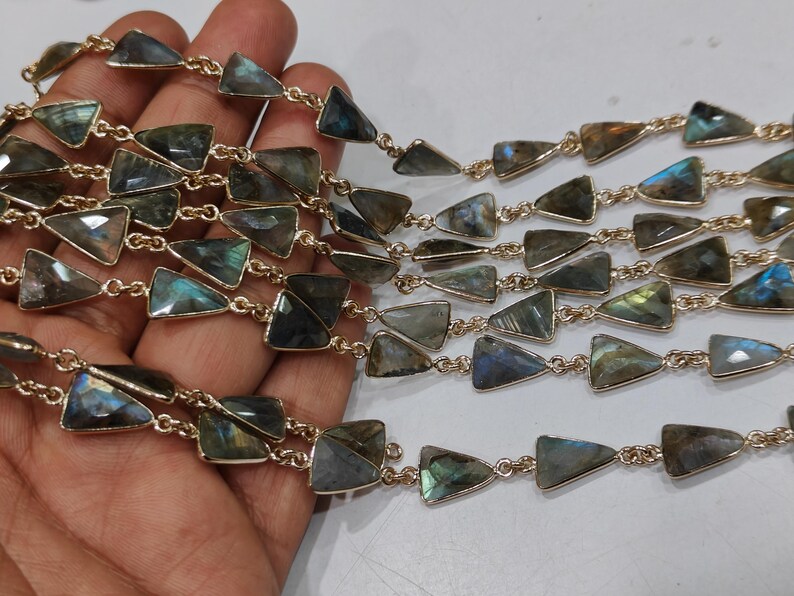 Natural Labradorite Trillion Triangle Shape Briolette Bezel Connector Chain 9x13mm Gold Plated Sold Per Foot Handmade Chain