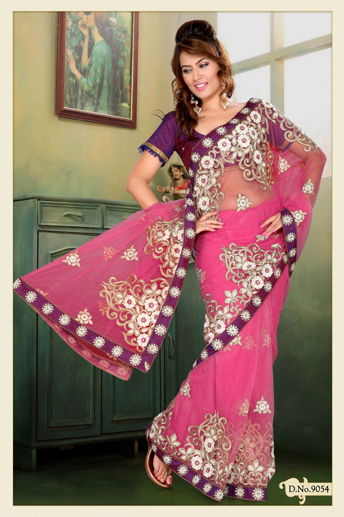 Pink Net Saree with Blouse