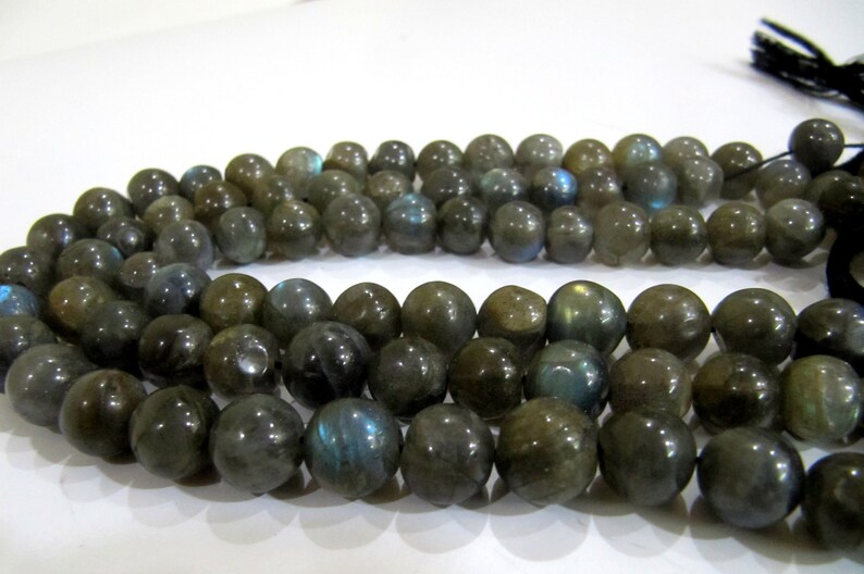 Natural Genuine Labradorite Round Ball Shape Plain Smooth Beads Size 9-10mm Strand 8 inch long Black Rainbow 