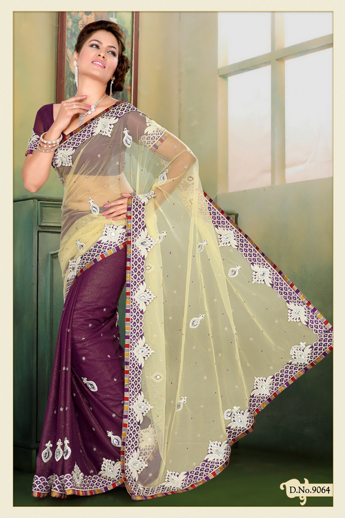 Fawn Net and Shimmer Faux Georgette Saree with Blouse