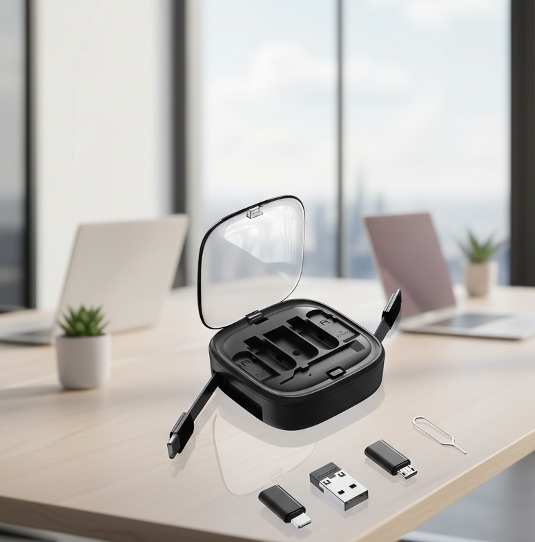 Premium 6-In-1 Universal Travel Charging Cable Organizer Kit With 60W Fast Cable & Sim Pin - Color: Black