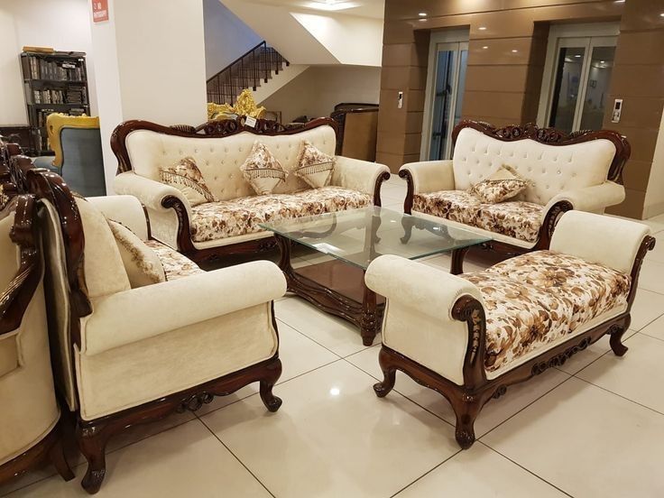 9-Seater Hand-Carved Teak Wood Sofa Set with Coffee Table