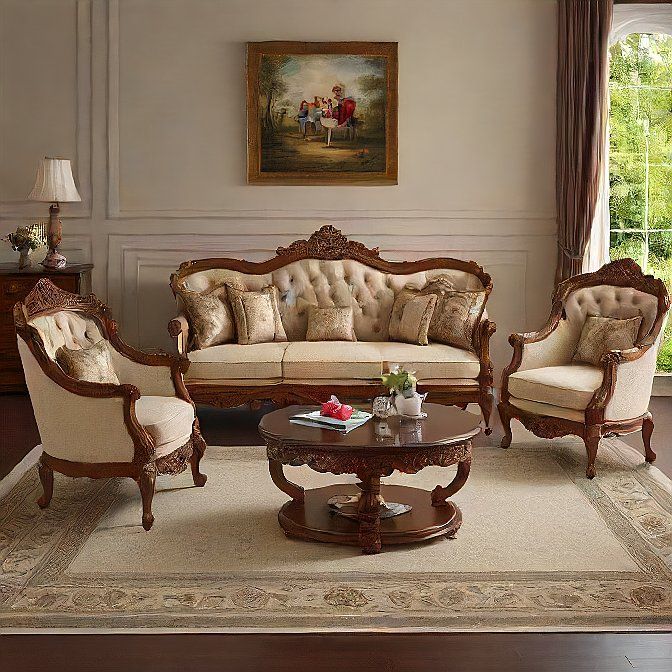 5-seater Hand-crafted Teak Wood Sofa Set With Round Coffee Table - Furniture Type: Home Furniture