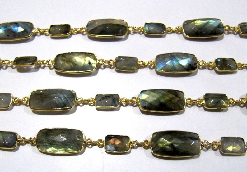 Natural Labradorite Rectangle Shape Briolette Faceted Alternet Bezel Connector Chain Sold Per Foot