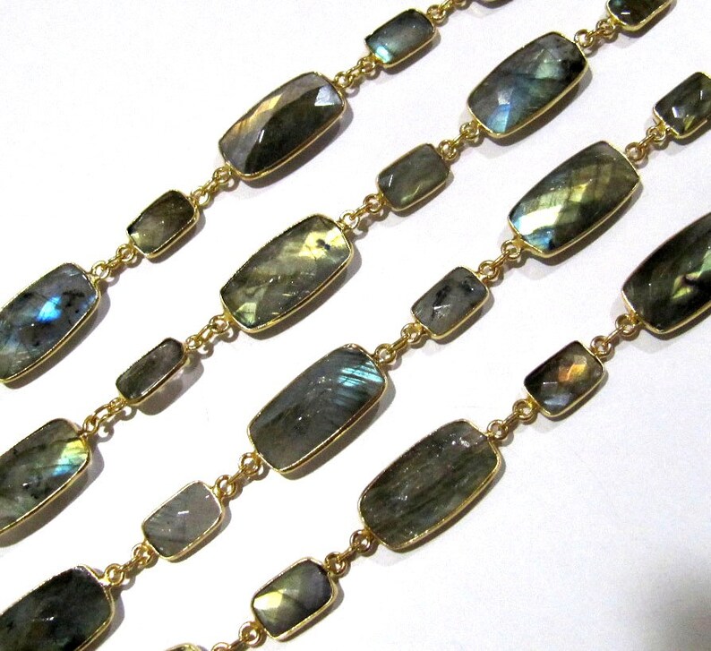 Natural Labradorite Rectangle Shape Briolette Faceted Alternet Bezel Connector Chain Sold Per Foot 