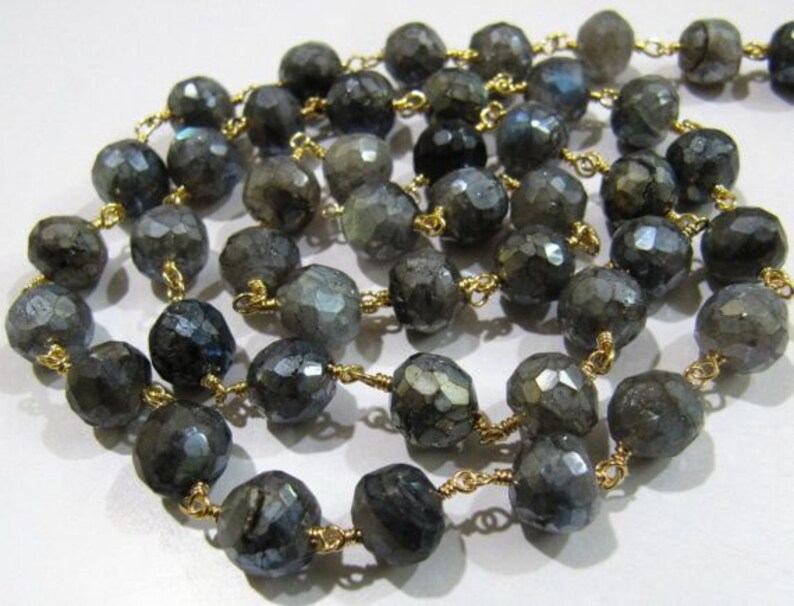 Natural Labradorite Mystic Coated Faceted Round Beads Chain Wire Wrapped 8mm Rosary Chain-Sold per Foot  Jewelry Making chain