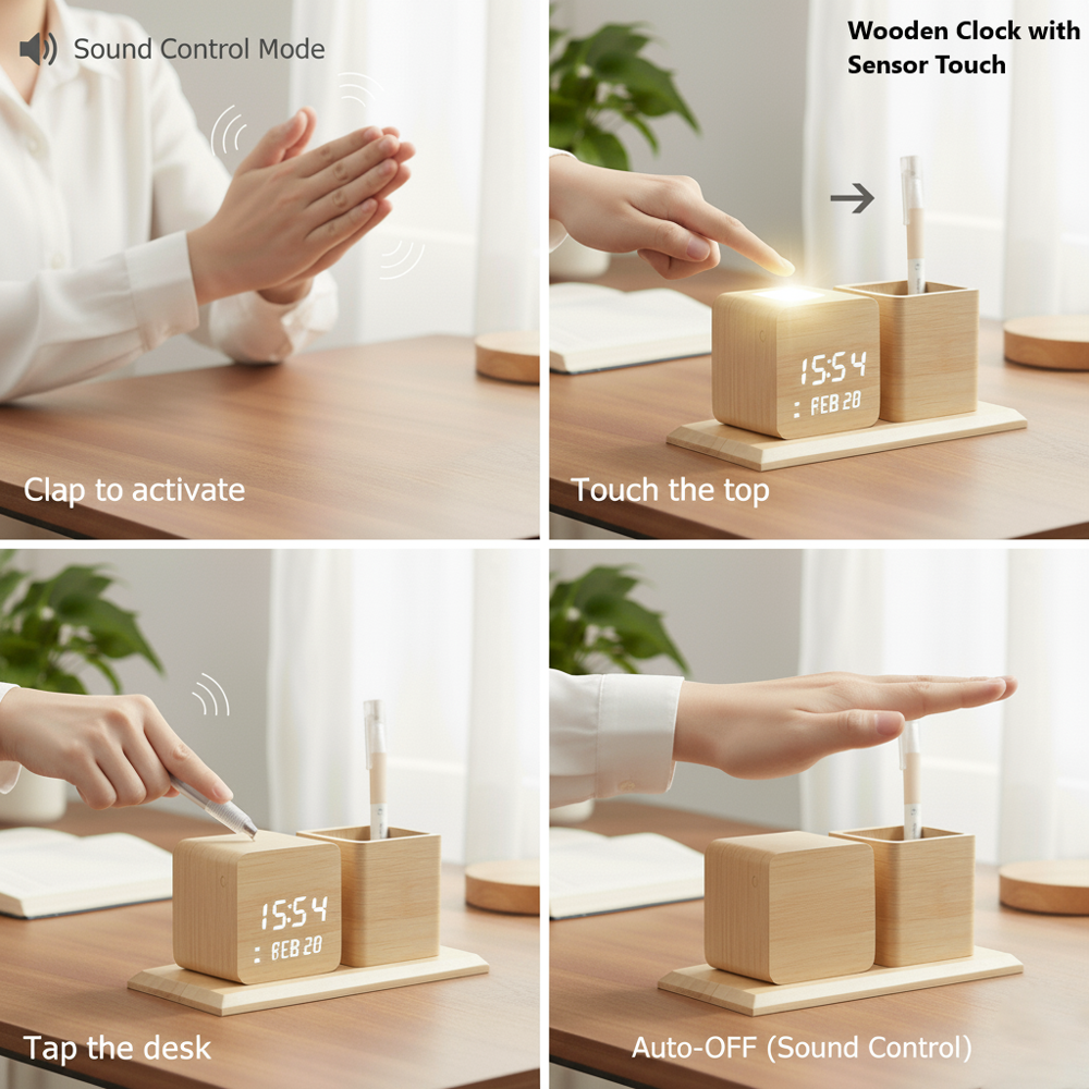 Wooden Digital LED Desk Clock with Pen Holder and Acoustic Touch Sensor Control