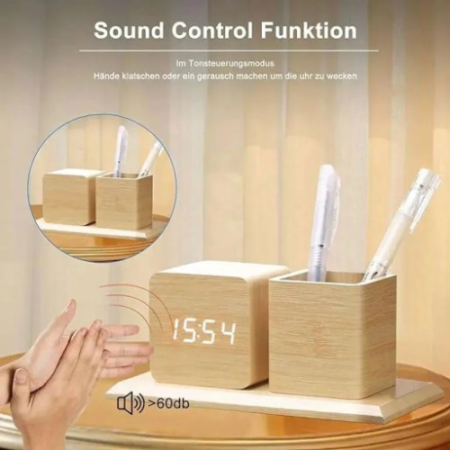 Wooden Digital LED Desk Clock with Pen Holder and Acoustic Touch Sensor Control