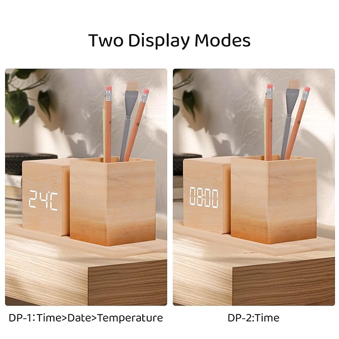 Wooden Digital LED Desk Clock with Pen Holder and Acoustic Touch Sensor Control