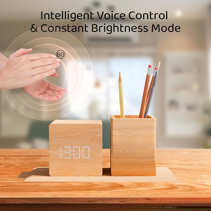 Wooden Digital LED Desk Clock with Pen Holder and Acoustic Touch Sensor Control