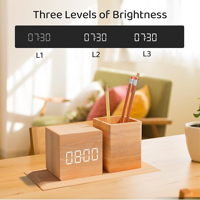 Wooden Digital LED Desk Clock with Pen Holder and Acoustic Touch Sensor Control