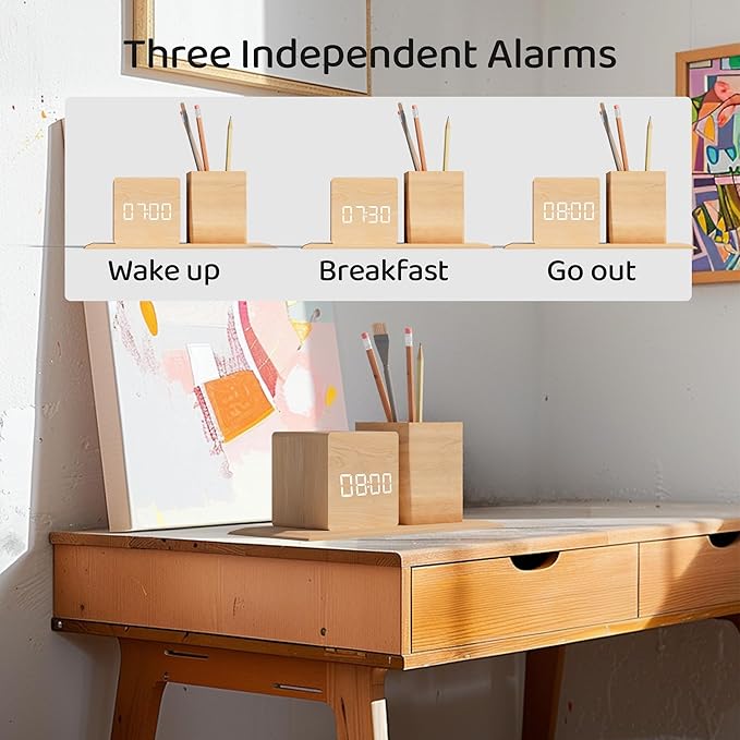 Wooden Digital LED Desk Clock with Pen Holder and Acoustic Touch Sensor Control