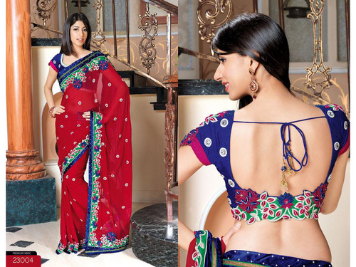  Red Bemberg Faux Georgette Saree with Blouse