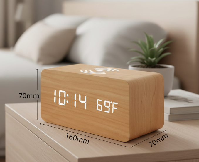 Wooden LED Digital Alarm Clock with Qi Wireless Charging Pad and Temperature Display