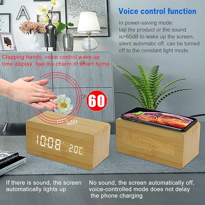 Wooden LED Digital Alarm Clock with Qi Wireless Charging Pad and Temperature Display