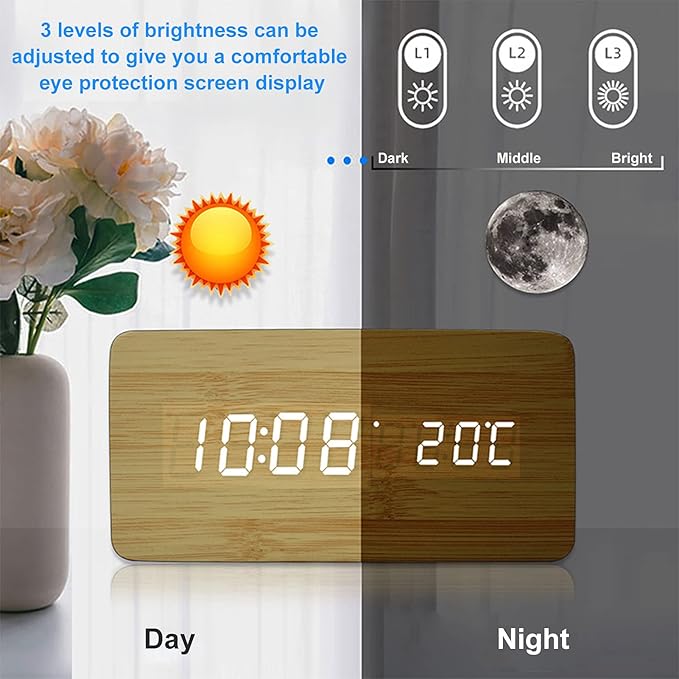 Wooden LED Digital Alarm Clock with Qi Wireless Charging Pad and Temperature Display