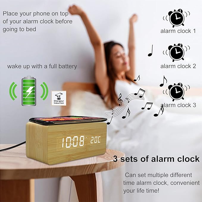Wooden LED Digital Alarm Clock with Qi Wireless Charging Pad and Temperature Display