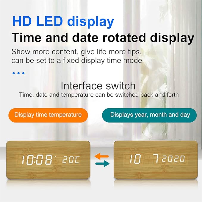 Wooden LED Digital Alarm Clock with Qi Wireless Charging Pad and Temperature Display