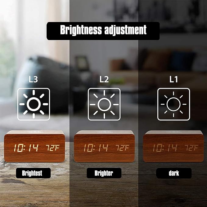 Wooden LED Digital Alarm Clock with Qi Wireless Charging Pad and Temperature Display