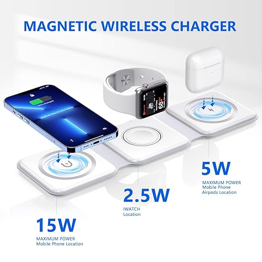 3-in-1 Portable Travel-Friendly Magnetic Multi-Device Wireless Charger with Foldable Triple Pad