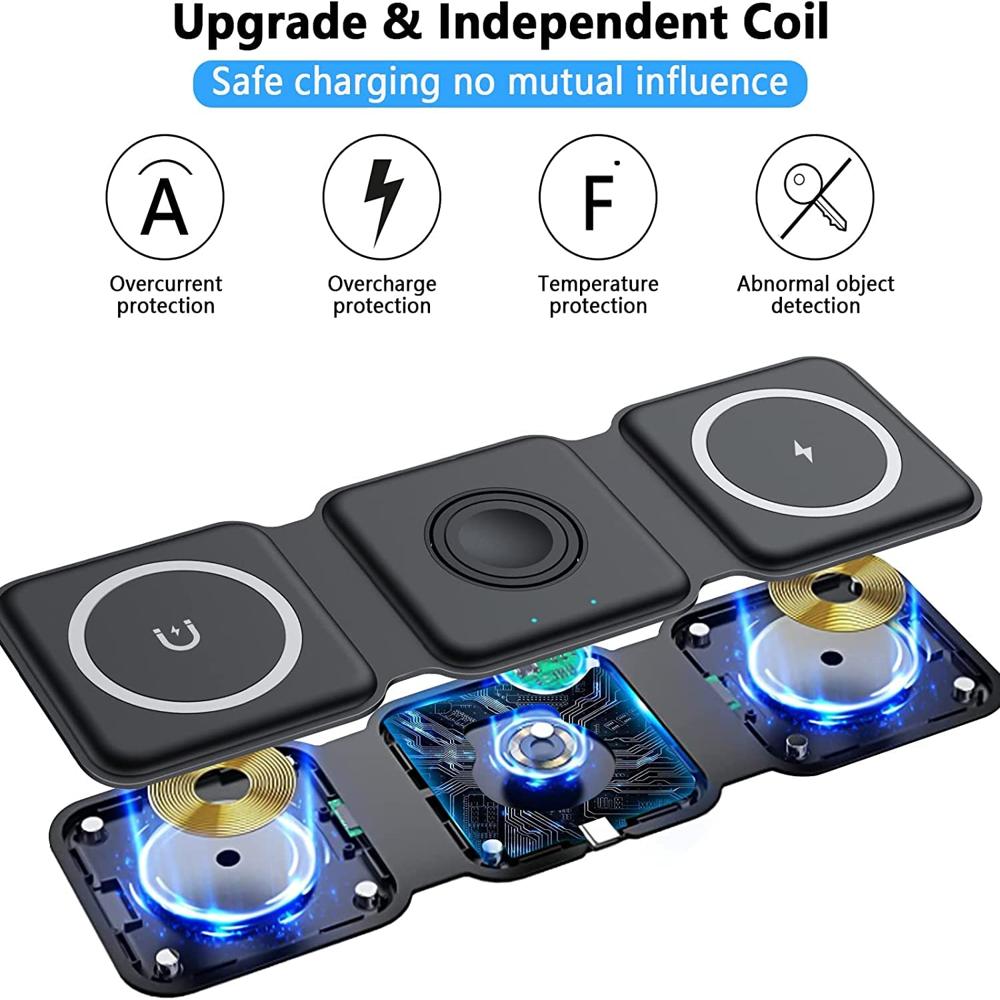 3-in-1 Portable Travel-Friendly Magnetic Multi-Device Wireless Charger with Foldable Triple Pad