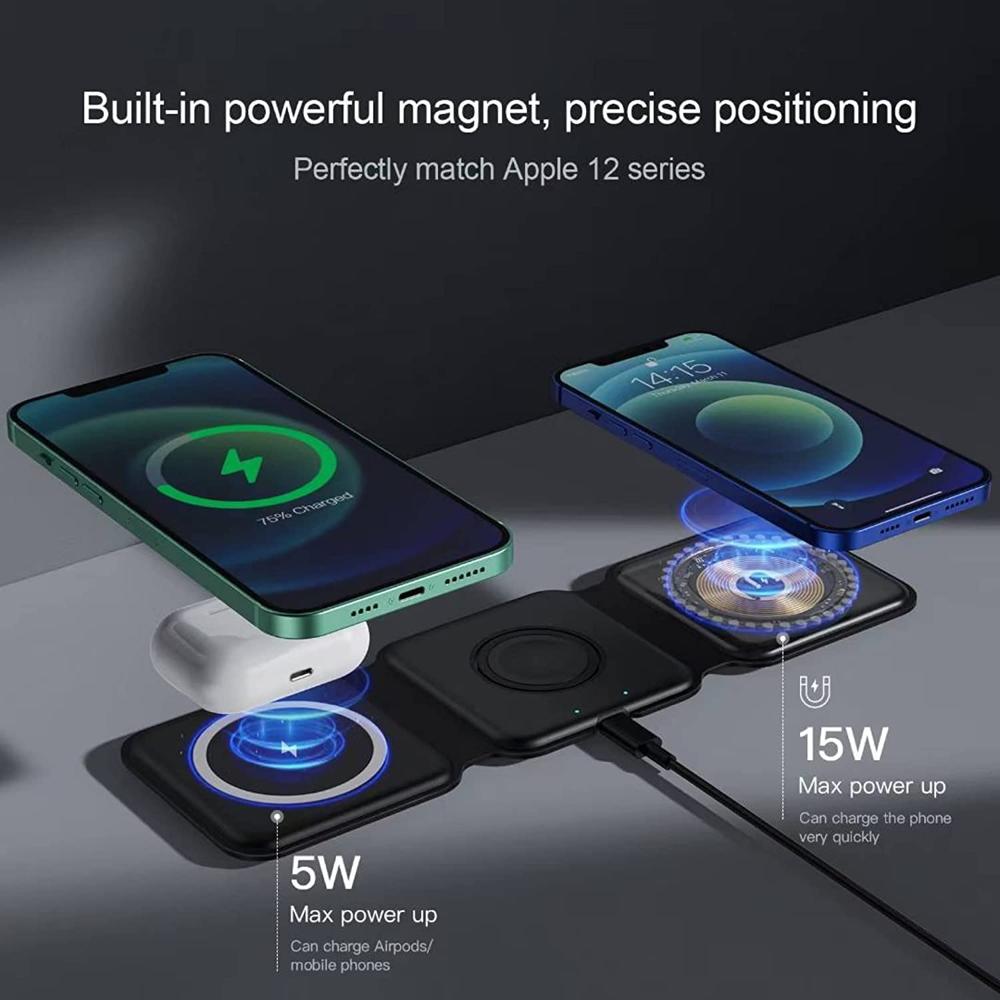 3-in-1 Portable Travel-Friendly Magnetic Multi-Device Wireless Charger with Foldable Triple Pad