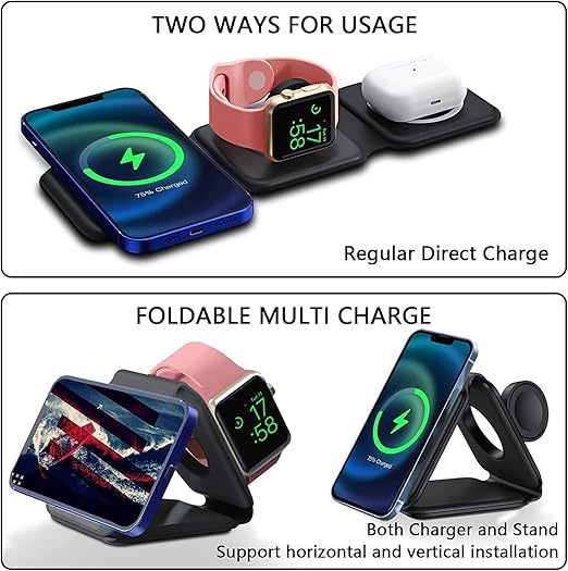 3-in-1 Portable Travel-Friendly Magnetic Multi-Device Wireless Charger with Foldable Triple Pad