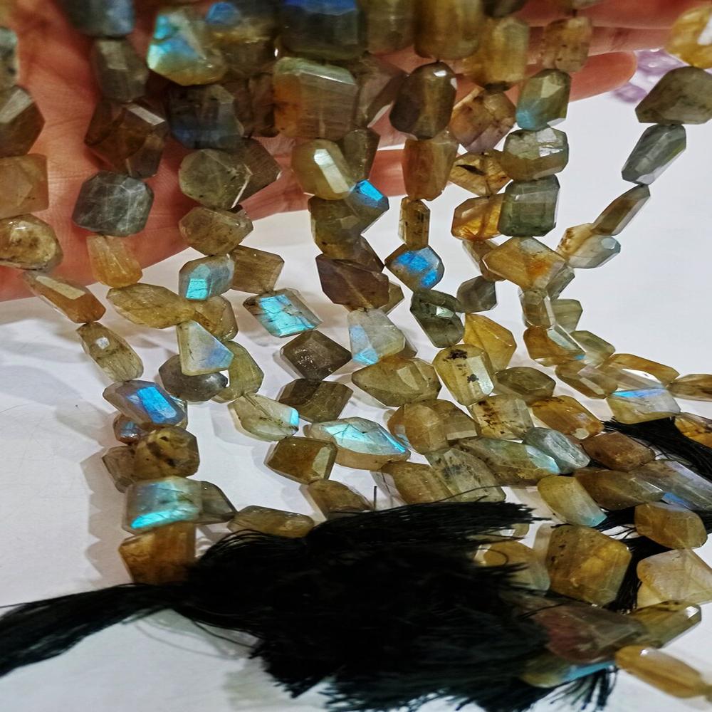 Natural Labradorite Blue Flashy Briolette Laser Cut Faceted Nugget Shape 10 to 15mm Tumbled Beads Sold Per Strand 8 Inches Long