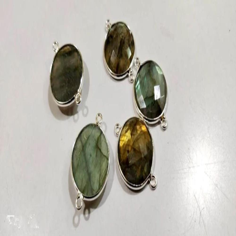 2 Pcs Set Natural Labradorite Round Coin Shape 19mm Briolette Connectors Gray Stone Double Loop Bezel Jewelry Making Bezel Connectors